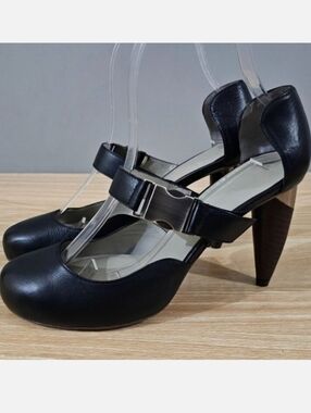 Omelle Italian Mary Jane Wood Heels Womens Eu 37 Black Leather Pump